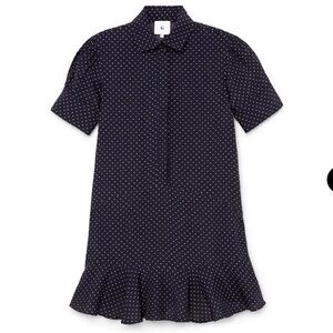 G. label by GOOP denise mini shirt dress navy blue white polka dot 6 ruffle hem